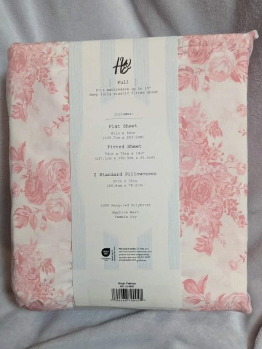 NWT Harlow & Wren Full 4-Piece Sheet Set - Tonal Floral Pink with Scalloped Hem
